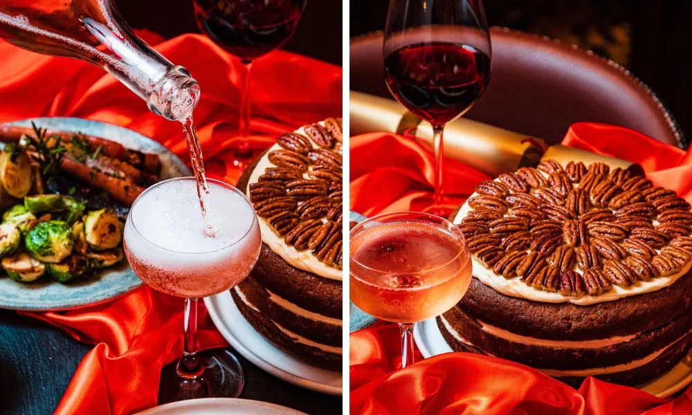 sparkling wine being poured and pecan pie