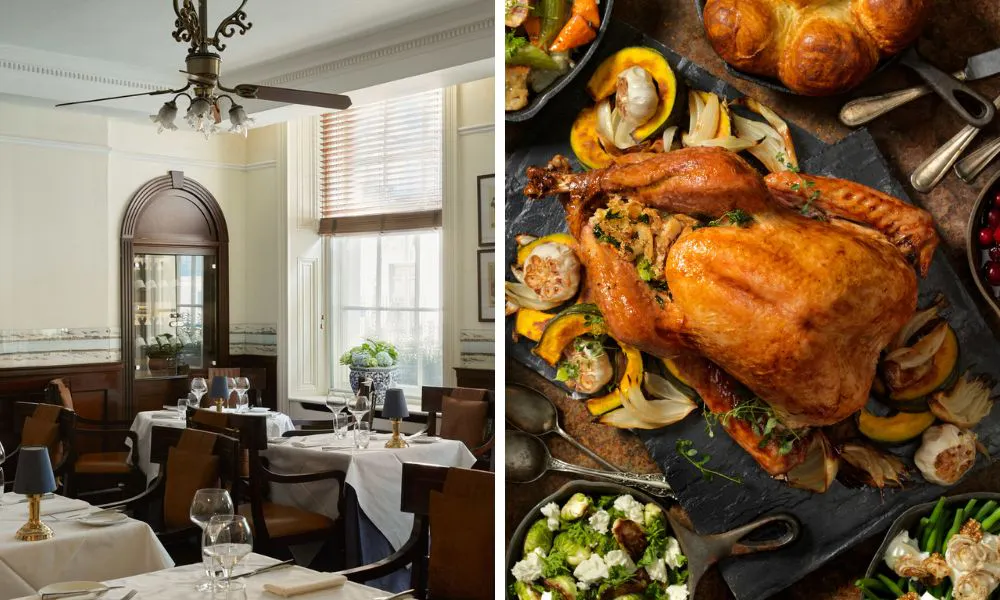 dining room with white tablecloths and whole turkey with the trimmings