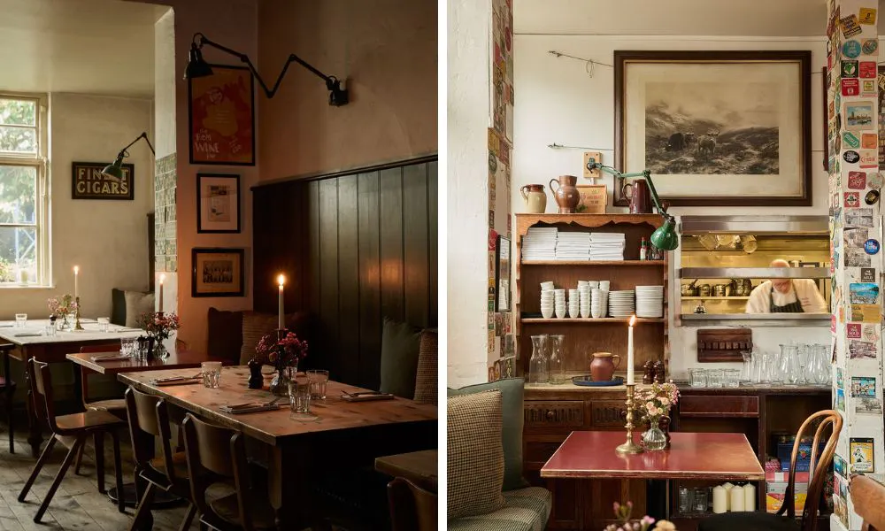 candlelit table in a pub and chef in a kitchen