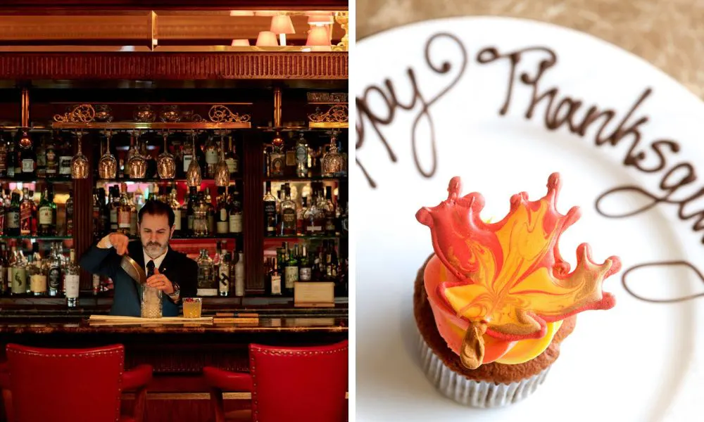 waiter pouring a drink and a happy thanksgiving cupcake