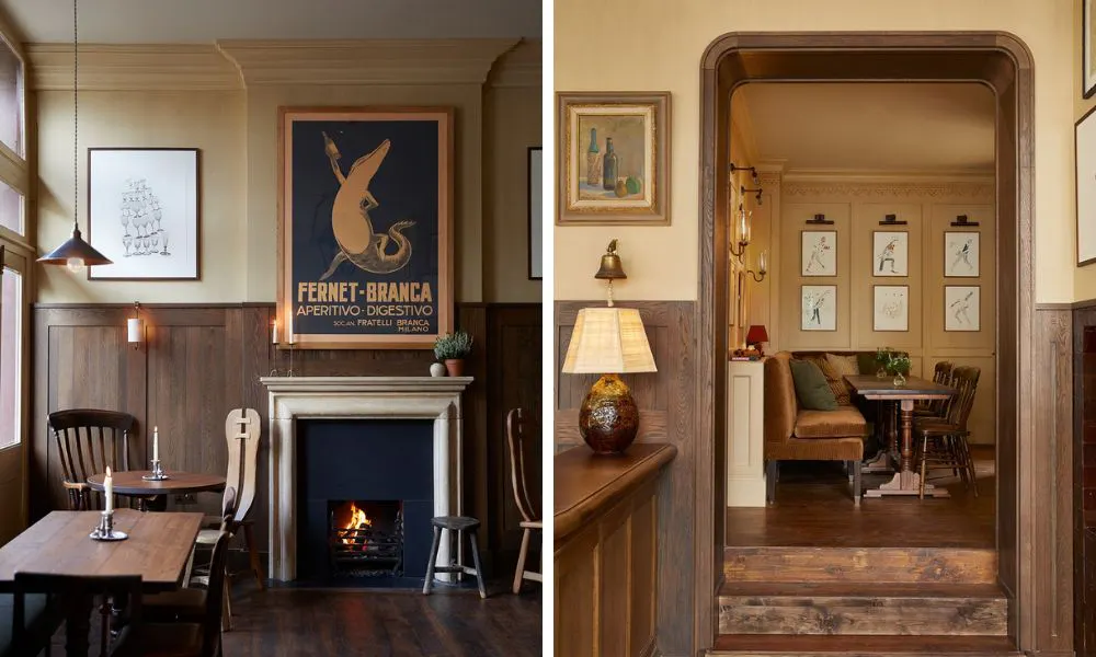 fireplace in pub and cosy table