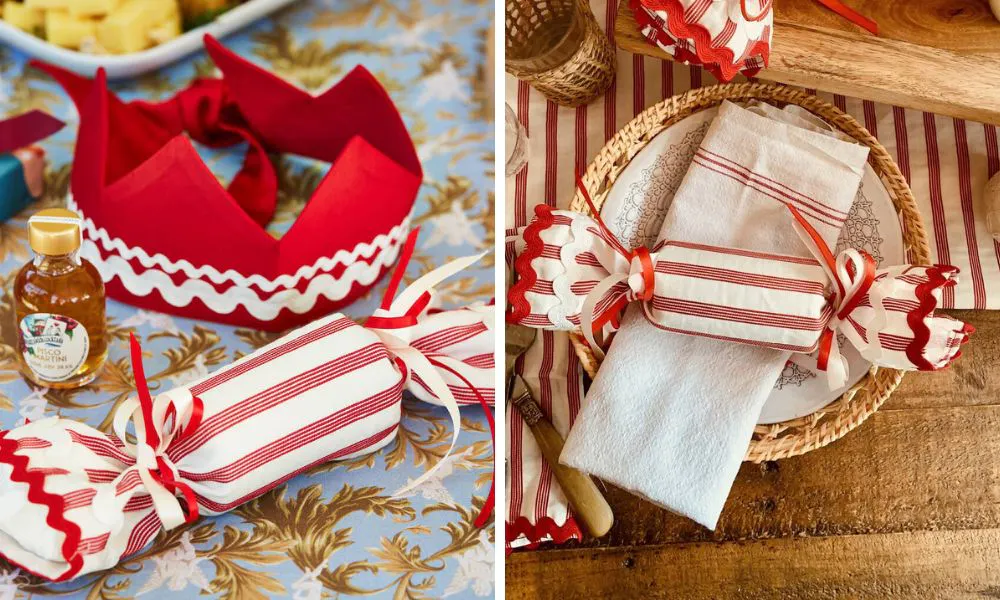red and white striped cloth christmas crackers