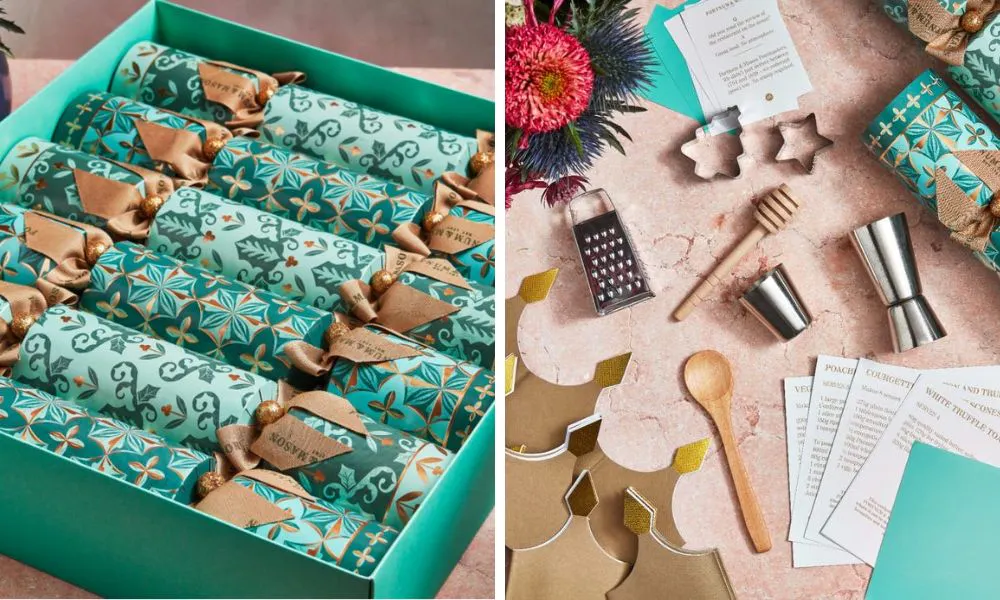 Green christmas crackers with cookie cutter gifts