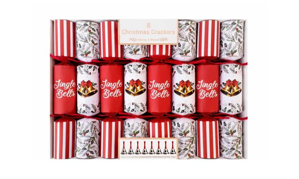 red and white christmas crackers with row of bells
