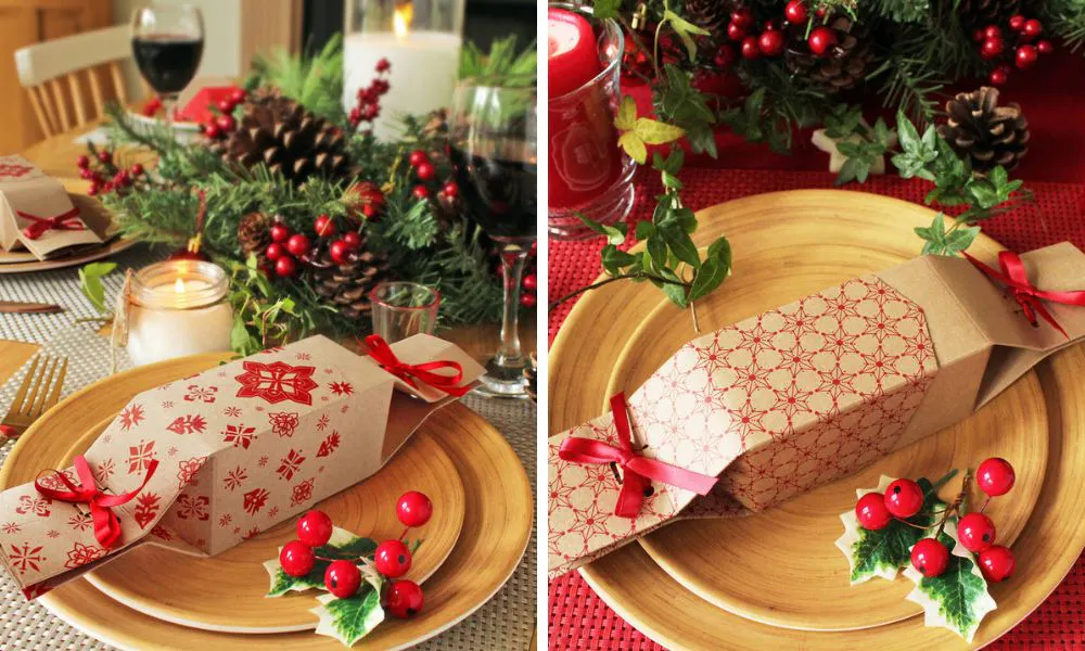 cuboid cardboard cracker on gold dinner plate