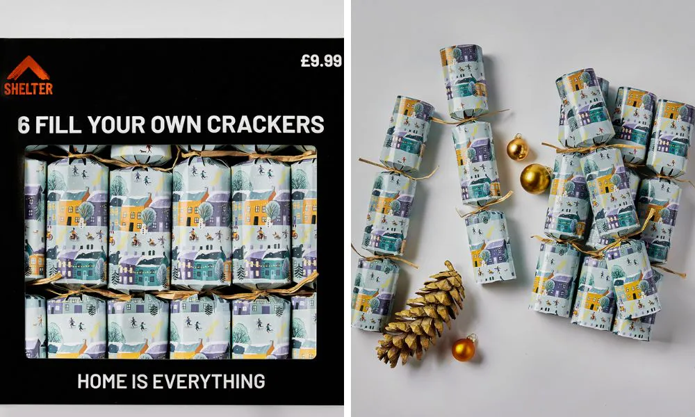 Black box with christmas crackers with house scene