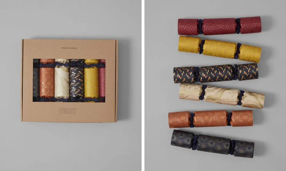 colourful printed paper crackers in a box