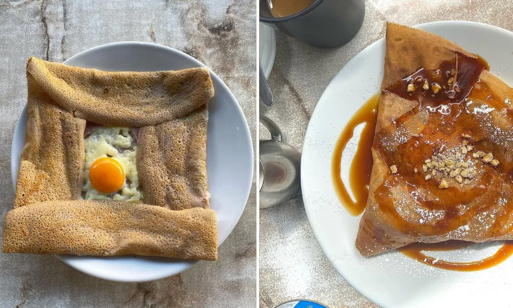 Egg galette and syrup crepe