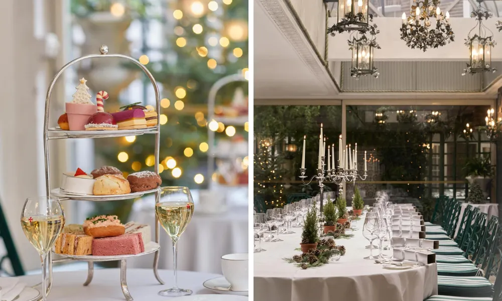 an elegant stand of afternoon tea cakes and stylish dining room interiors