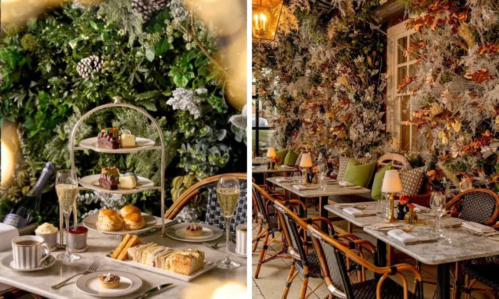 festive afternoon tea with wintery floral decor at Dalloway Terrace