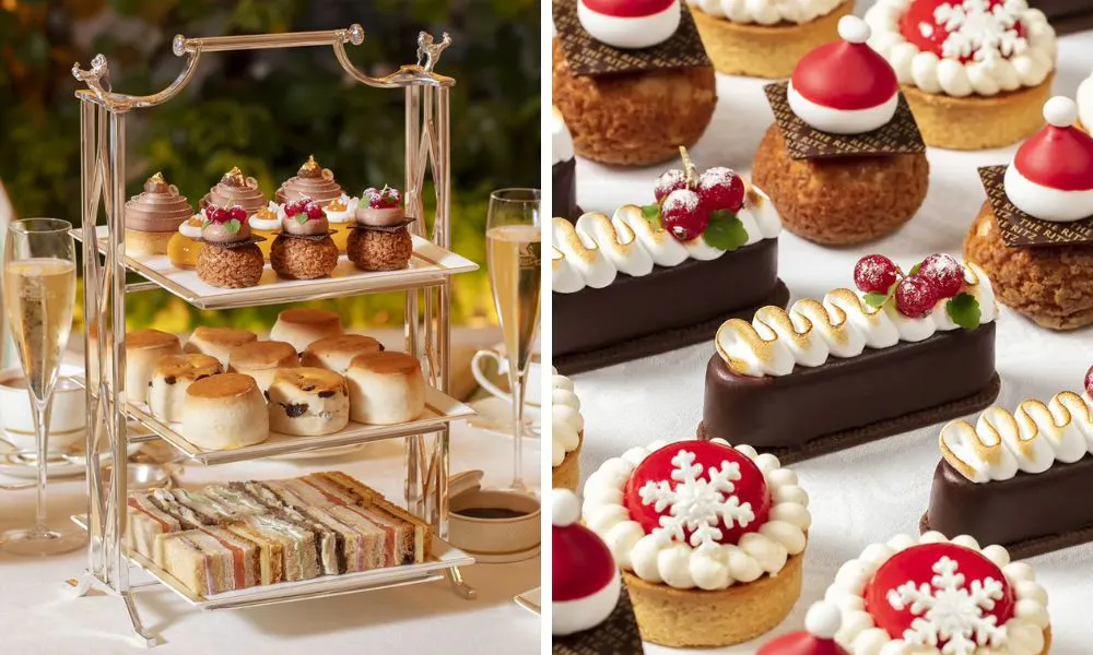 rows of mini cakes some with santa hats, and a tiered afternoon tea stand