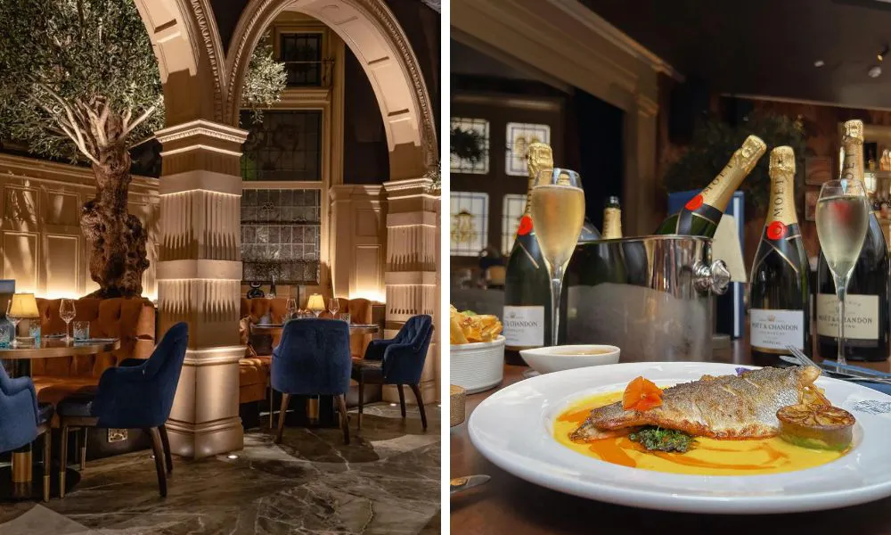 The interiors at Cut & Craft and a plate of fish surrounded by bottles of Moet