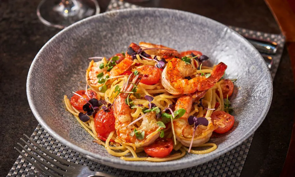 a bowl of prawn linguine