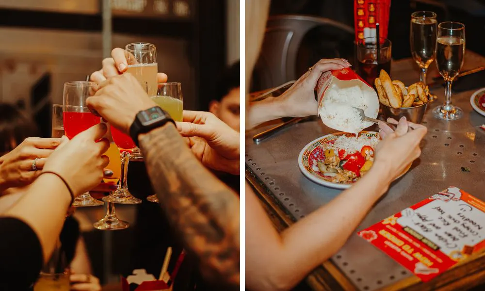 people cheering with drinks, and plates of chinese food