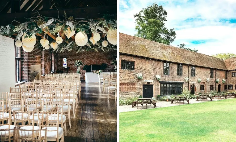 outside the barn and dining room decorated for ceremony