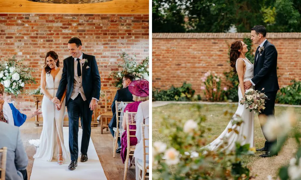 bride and groom in walled garden outside barn