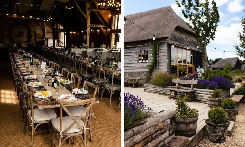 dark and romantic barn with lavender outside