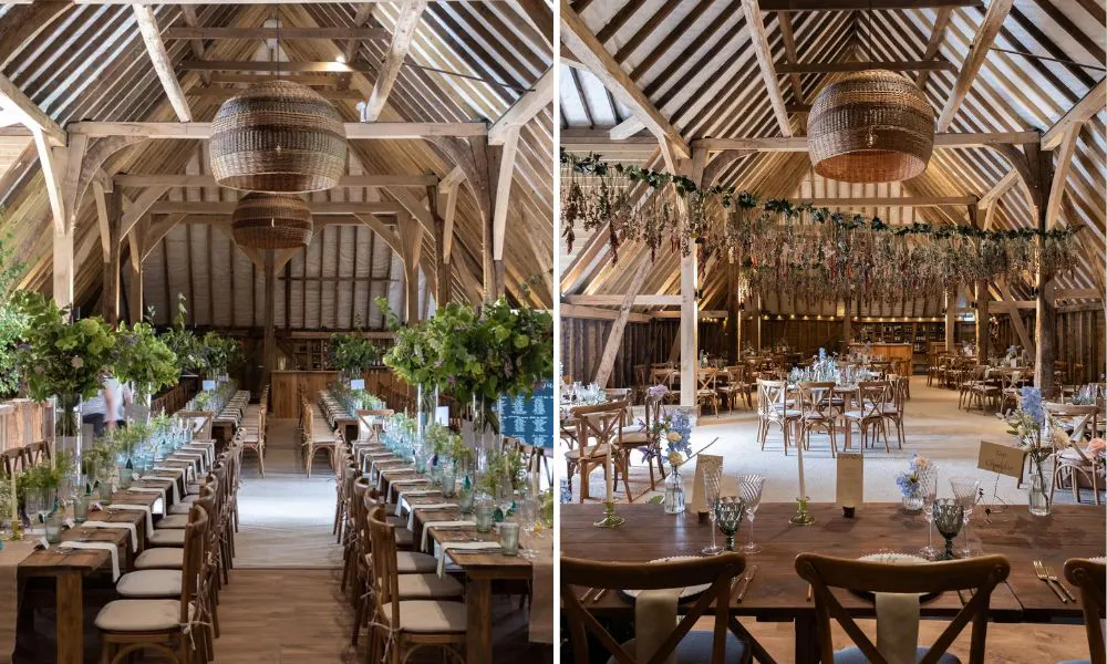 Banquet tables in barn space