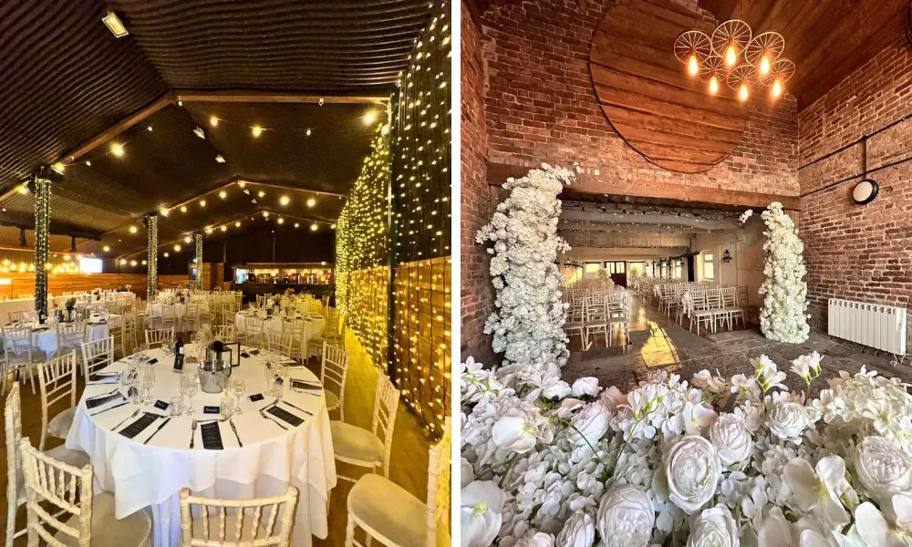 indoor table layouts with fairy lights and floral arrangements