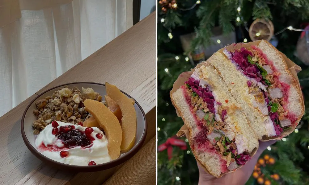 Yoghurt and granola and christmas turkey sandwich