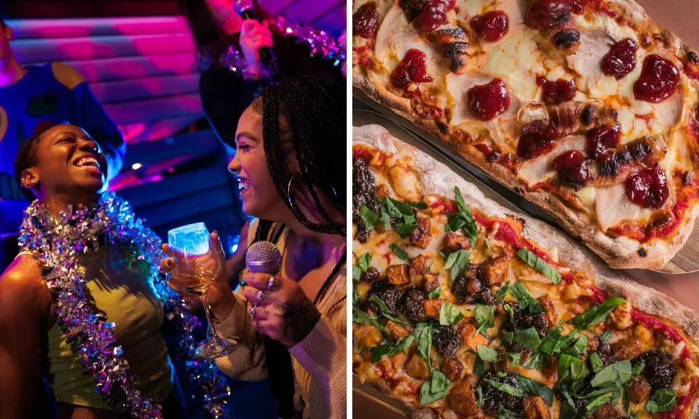 left, women sing. Right oblong pizzas on boards
