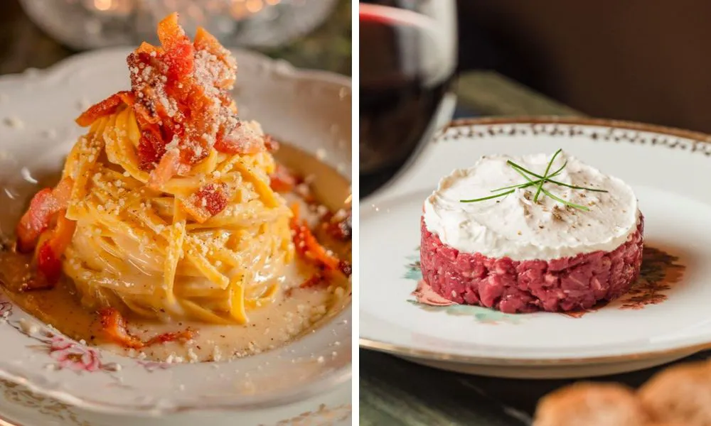 carbonara topped with bacon and parmesan and beef tartare with cheese sauce