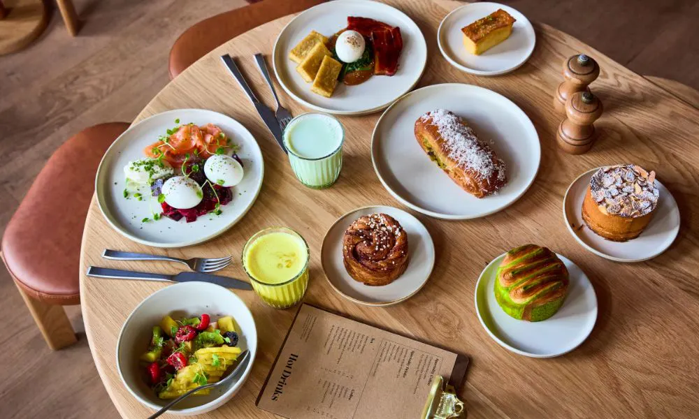 Brunch dishes and pastries on a table