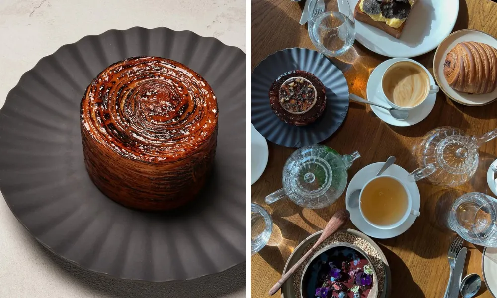 circular croissant and array of brunch dishes