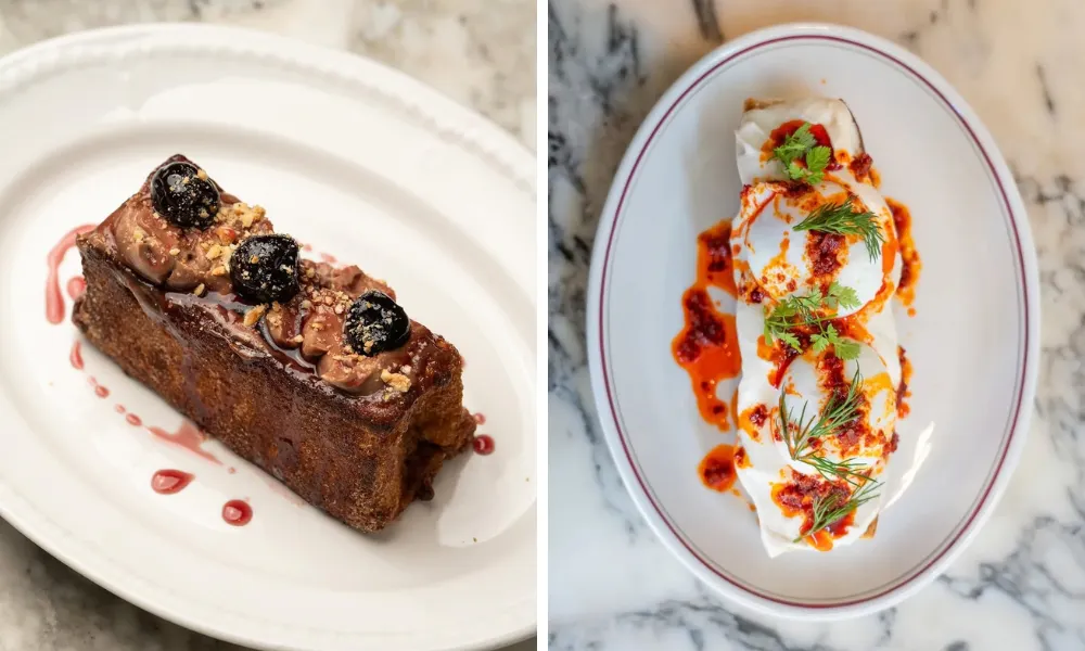 french toast block with poached eggs
