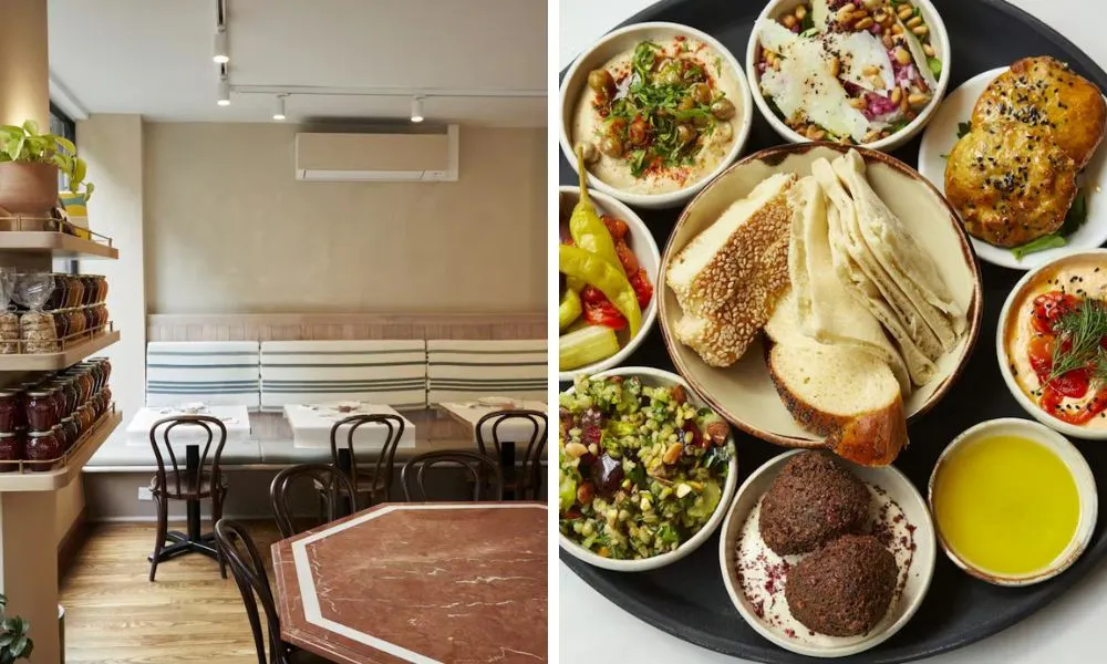 restaurant with neutral interiors and middle eastern brunch
