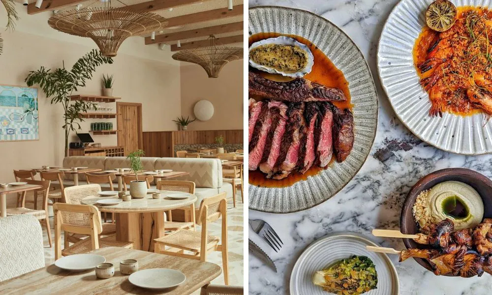 modern restaurant and brunch dishes with steak and prawns