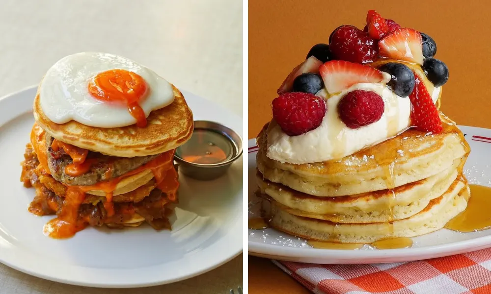 two large stacks of pancakes, one sweet one savoury
