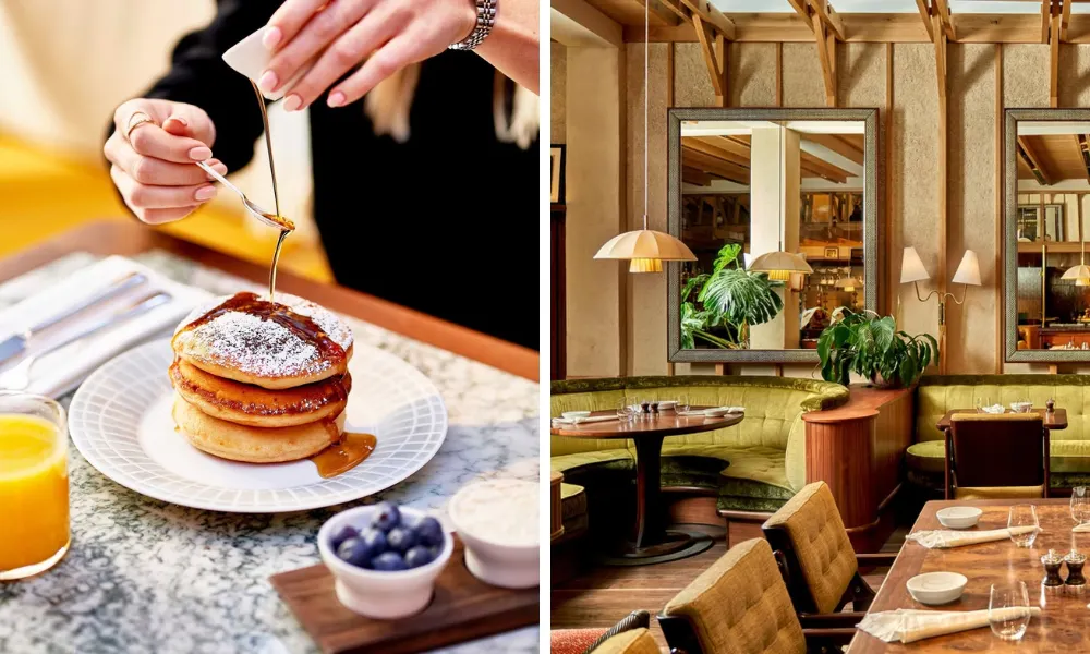 green toned dining room and classic american pancakes