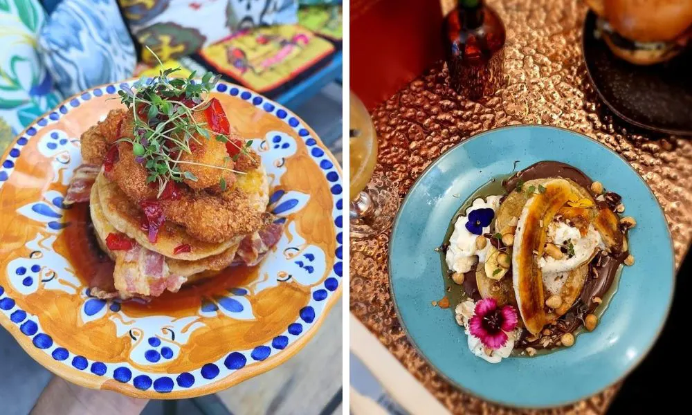 two stacks of pancakes, one with fried chicken