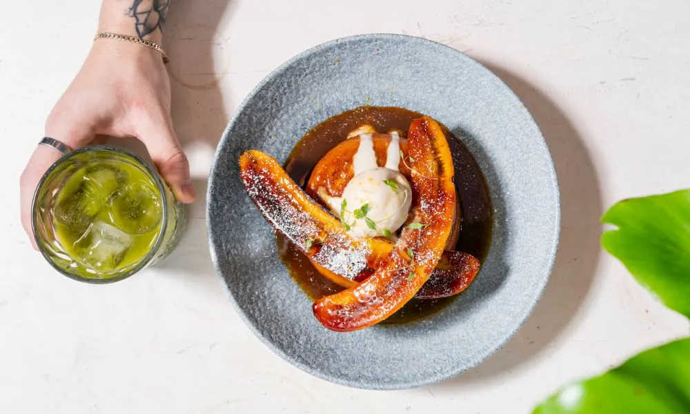 bowl with pancakes topped with caramelised banana