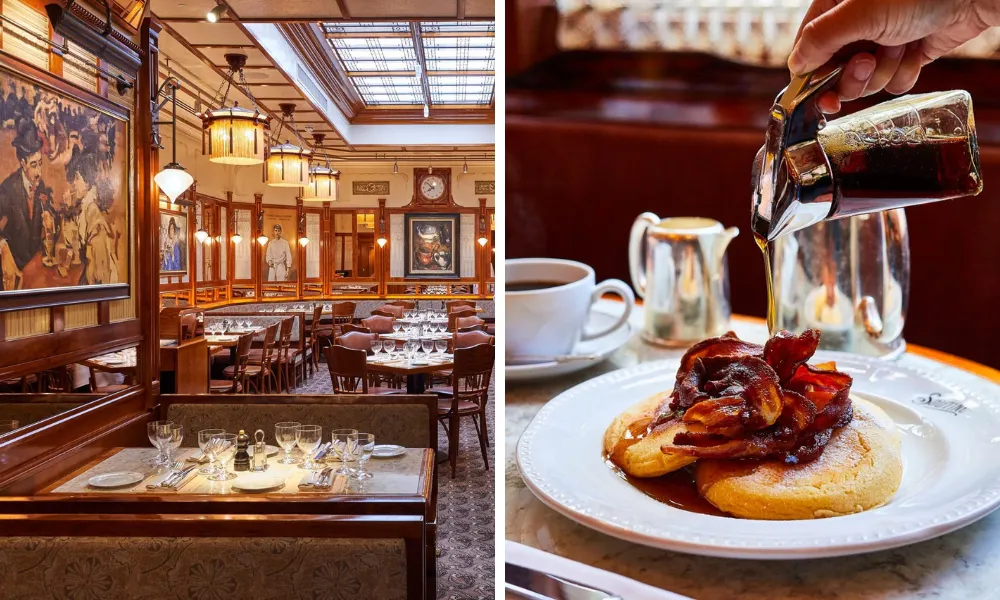 old school dining room with stack of pancakes and syrup