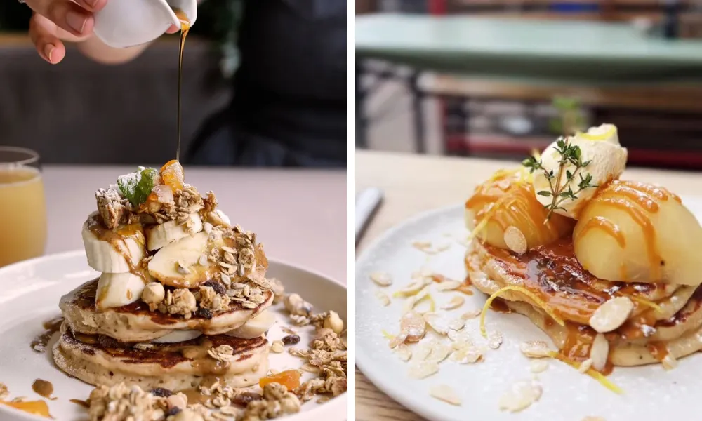 two stacks of pancakes one with pear and almond