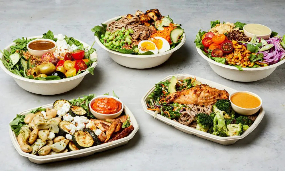 salads with proteins in cardboard tray containers