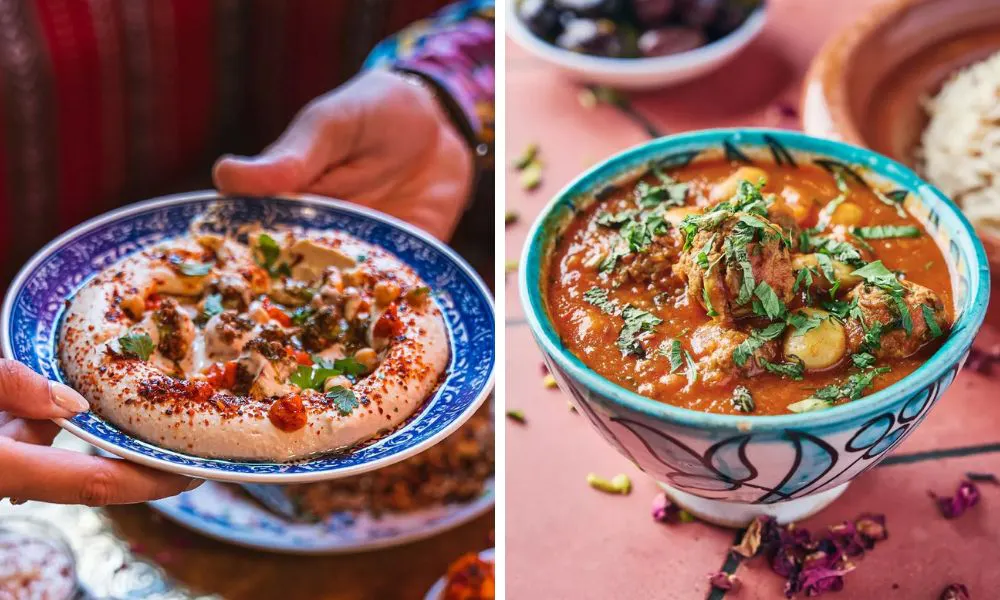 hummus with toppings and bowl of orange stew