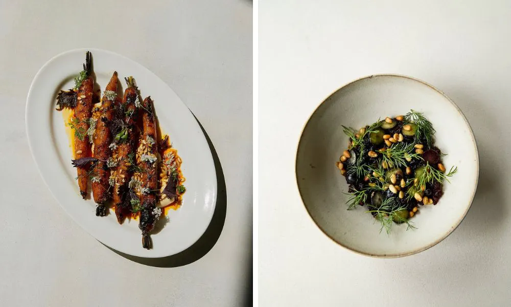 elegant pate of charred carrots and bowl of greens