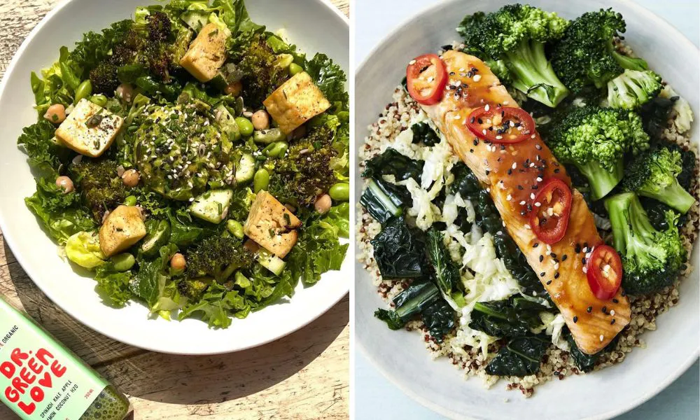 Green salads bowls one with fish and chilli]