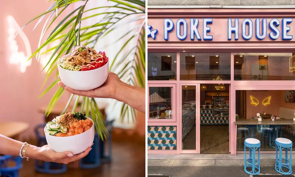 Poke bowls and pink exteriors of restaurant