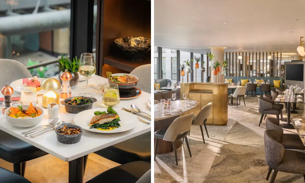 A collection of healthy dishes on a table, and elegant, contemporary restaurant interiors
