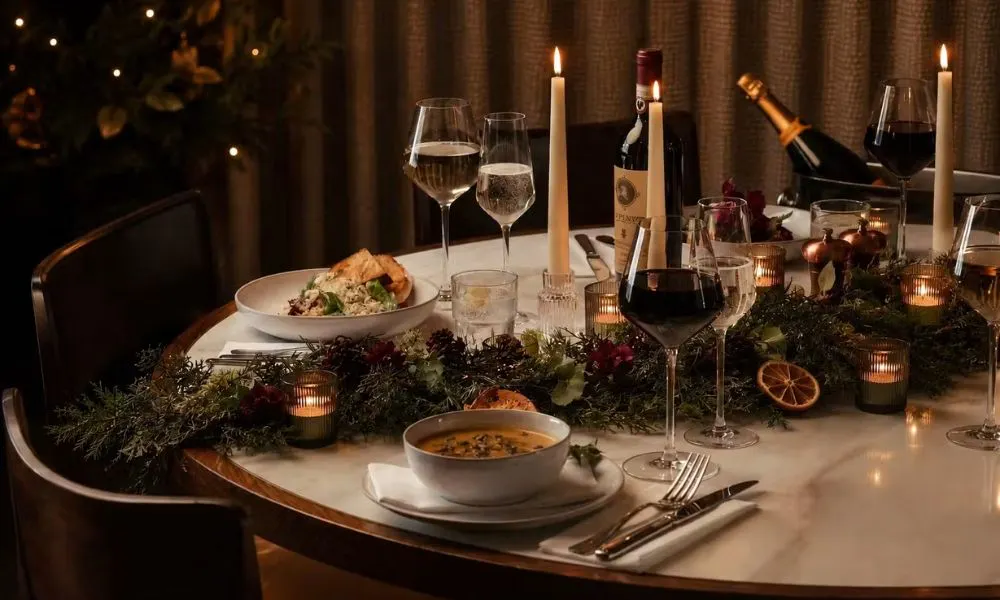Festive banquet table with wine