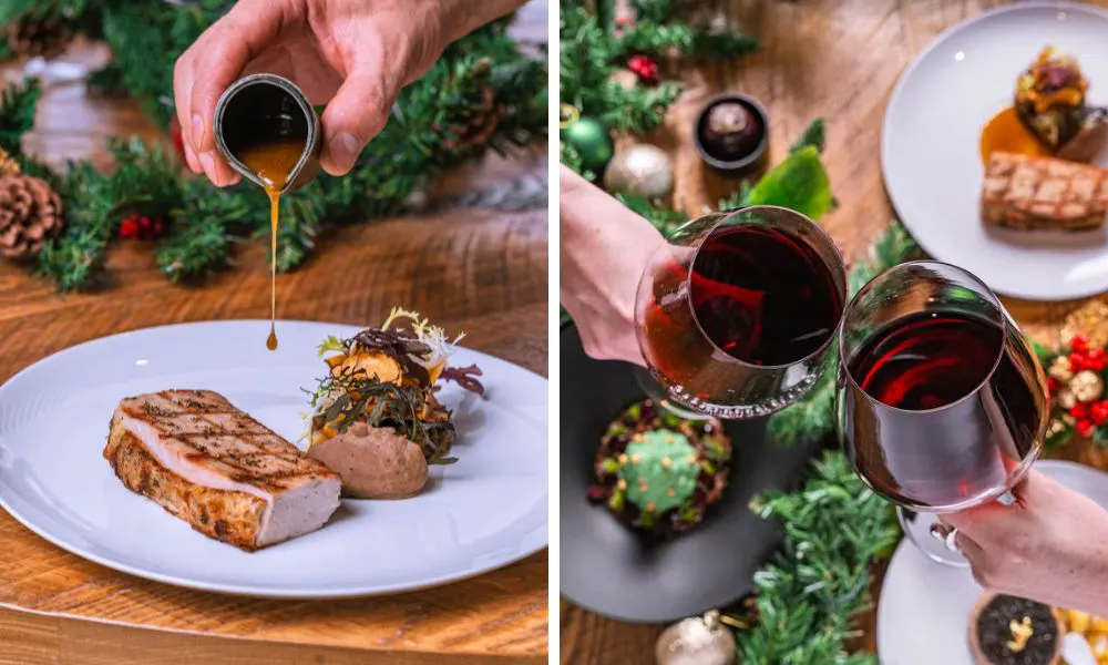 festive dining and glasses of red wine 