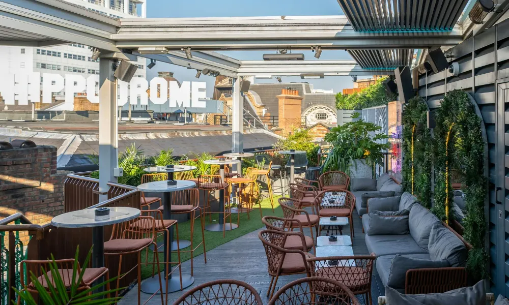 rooftop at hippodrome casino with hollywood style sign