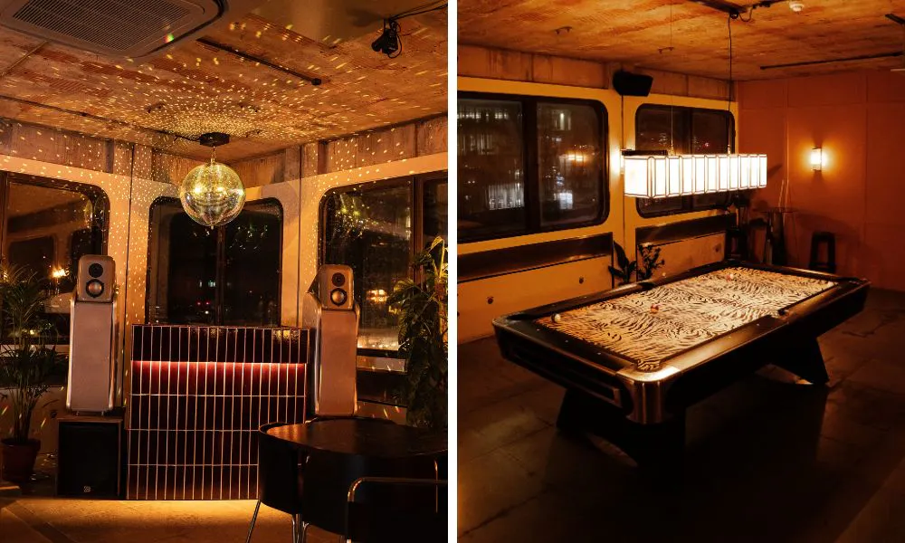 disco ball in cocktail bar and tiger print pool table