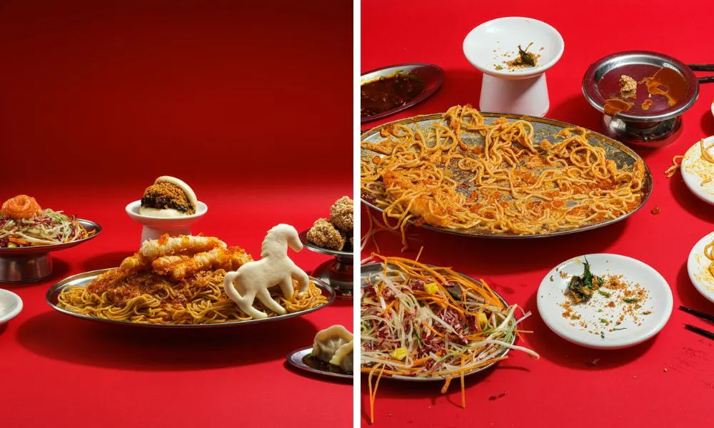 chinese new year sharing menu with bao bun and noodles