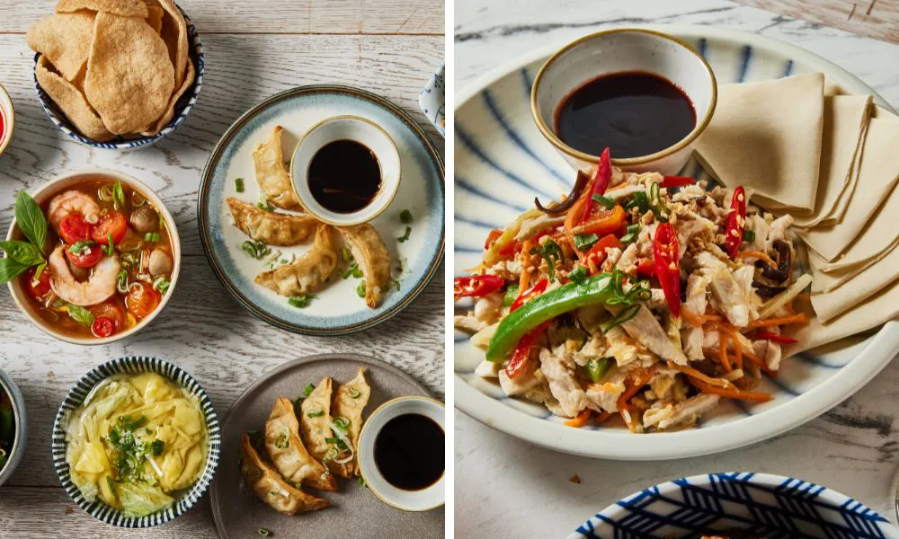 chinese new year sharing dishes and chicken stir fry with pancakes