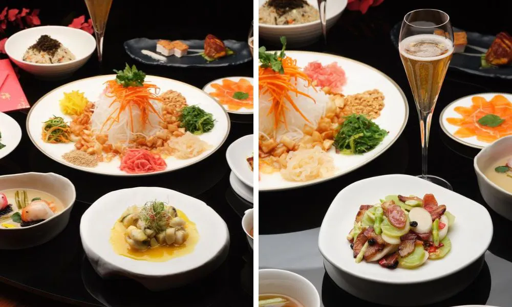 chinese new year dishes and glass of champagne